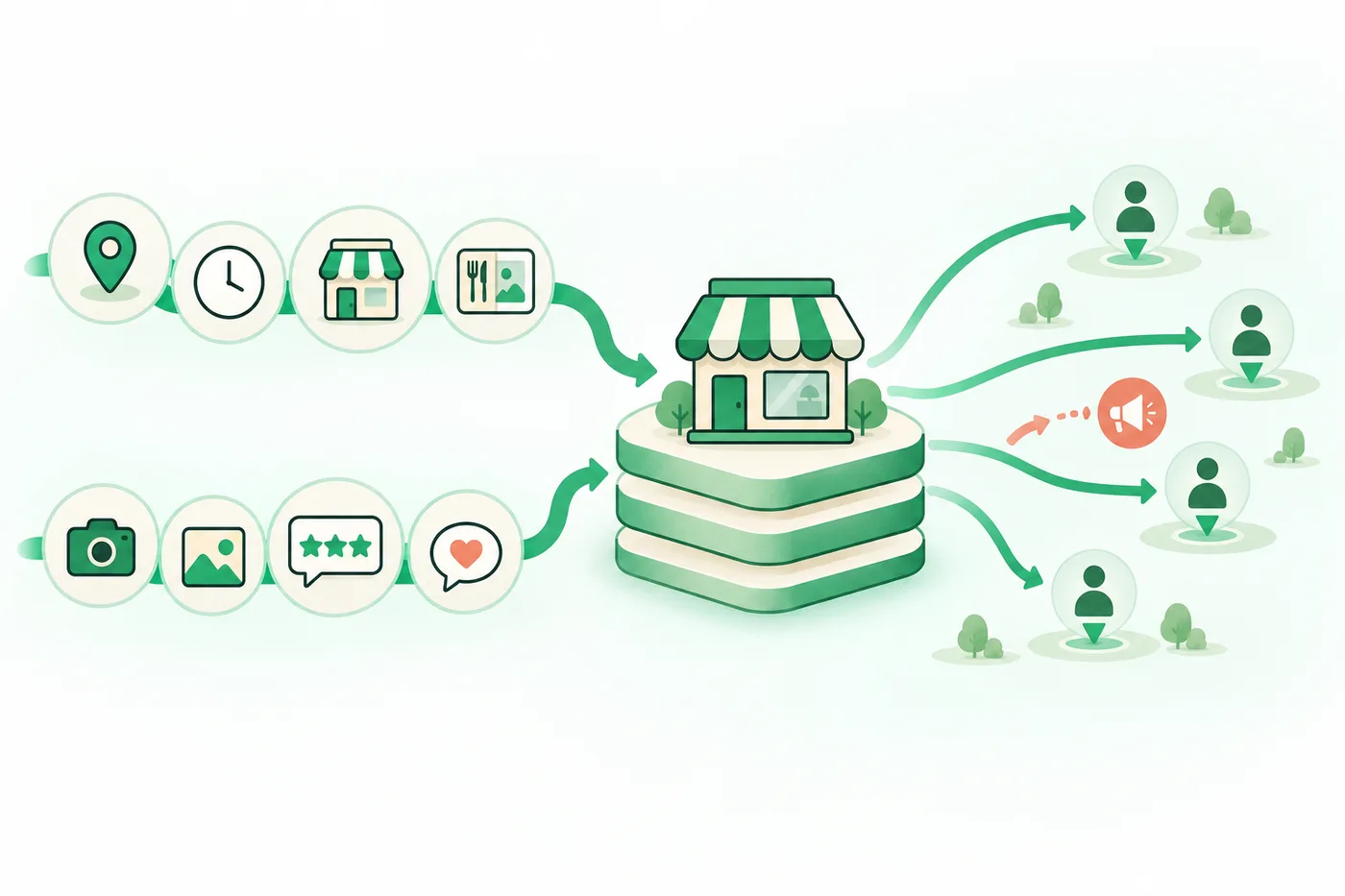 Layers of business information and customer experience icons form a foundation beneath a store, while a small advertising signal supports part of the traffic flow.